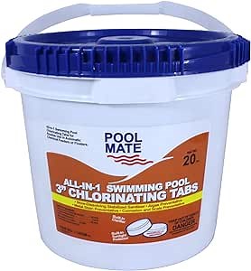 Pool Mate 20-Pounds All-In-1 Swimming Pool 3 Inch Chlorinating Tabs, Chlorine Tablets 3 Inch, Sanitizer, Clarifier, Stain Inhibitor, Algae Control, Descaler, Sunlight Protector All In One, Made In USA