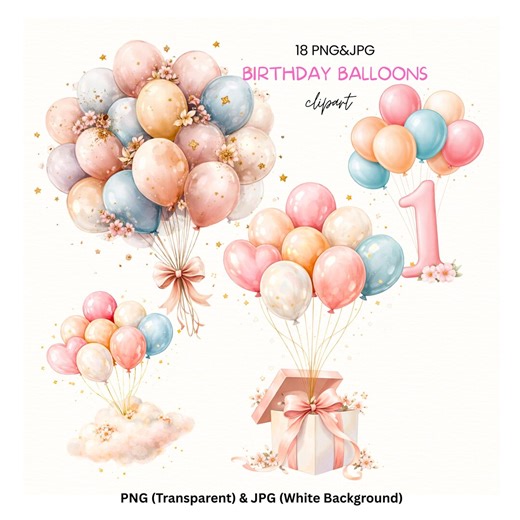 Birthday Balloons Clipart PNG, Pastel Balloon Clipart, Baby Birthday, Party Decorations, Digital Download 18 PNG JPG