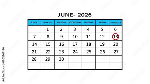 The calendar of june month 13 th day is red circled, looped animation. A very important date in the calendar. Signing a day on a calendar. white background