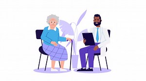 Elderly patient visiting doctor, character animation. Therapist working with senior person