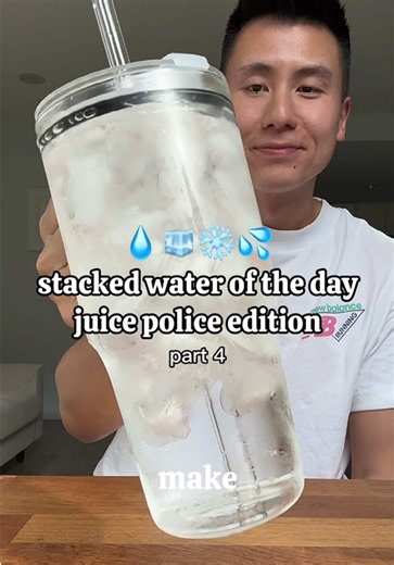 💧🧊❄️💦 stacked water of the day, another one for the JUICE POLICE 🧃🚓 i make a version of these every three months, so this is extra watery and stacked for our fave people ~0 calories, ~0g protein, ~0g sugar juice police 🧃🚓 noun: someone who insists that stacked water with blended, strained fruit and added ingredients is “juice.” Example: “The juice police showed up in the comments the second I added a fruit.” 💧🧊❄️💦 stacked water recipe (40oz) 1 cup water, freshly aerated 2 cups boring y