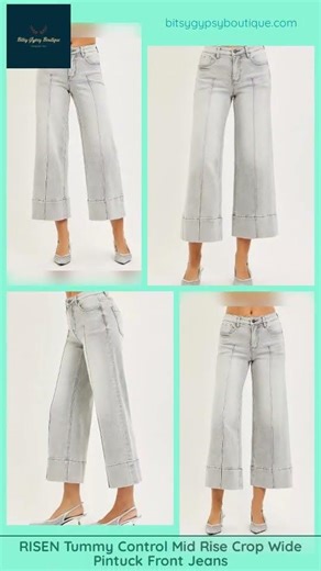 RISEN Tummy Control Mid Rise Crop Wide Pintuck Front Jeans