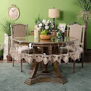 ARTABLE Vinyl PVC Rectangle Tablecloth Waterproof Clear Table Cover with Champagne Lace Macrame Border for Wedding Kitchen Home Outdoor Indoor Holidays Party Decor (Champagne, 60'' (Round))