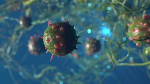 various viruses flying in space . simulation of viruses and other forms of bacteria