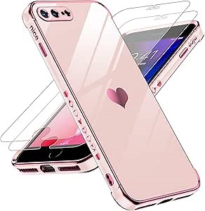 LeYi for iPhone-8-Plus Case: for iPhone-7 Plus with Tempered Glass Screen Protector [2 Pcs]+ Full Camera Lens Protection, Love Heart Plating Shockproof for i Phone 8Plus, Pink