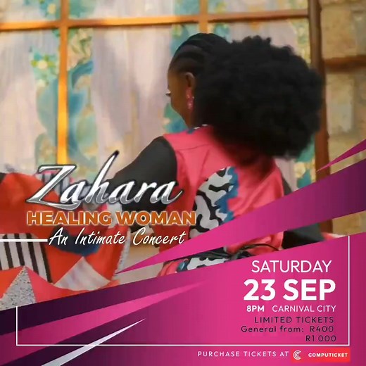 Zahara is weaving a story of healing and celebration. Join Zahara live for a special one night only concert : The Zahara Healing Woman Intimate Concert will highlight over a decade of Zahara’s success, trials and tribulations through storytelling & live music performance. 🗓️ 23 September 2023 📍Carnival City 🎫 Limited tickets from R400 at Computicket, Shoprite & Checkers. ⏰ 6PM - till late 📲 Buy Online: https://tickets.computicket.com/event/zahara_the_healing_women_concert/7215265/7226572/380