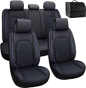 Vanku Car Seat Covers Full Set with Waterproof Faux Leather Bonus Storage Box Universal Fit for Most Auto Truck Van SUV, Easy to Install, Airbag Compatible (Full Seat, Black & Blue)