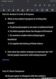 11:20 AM Tue Apr 8⇆⊂ A​⋯BIUAPart D: Author's Craft \& Pu... | Filo