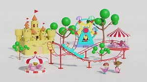 Download 3d amusement park landscape concept with roller coaster, ferris wheel, unicorn spring rider, carousel, merry go round, castle, towers isolated on pink background. 3d render illustration for free