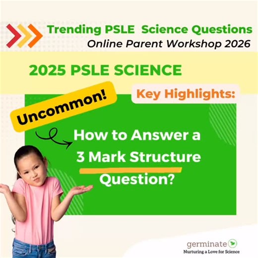 👀 A 3-mark open-ended question that surprised many students. In PSLE Science, some questions look simple — but require deep thinking, clear explanation, and precise use of concepts to score full marks. One of the highlights of our Trending PSLE Science Parent Workshop is unpacking a rare 3-mark open-ended question: • Why it was challenging • Where students commonly lost marks • What examiners were really looking for 🗓 2 March (Mon) ⏰ 7.30pm If you want clarity on how PSLE Science questions are