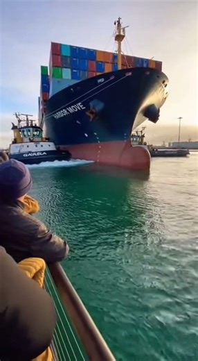 Massive Container Ship Guided into Port by Tugboats