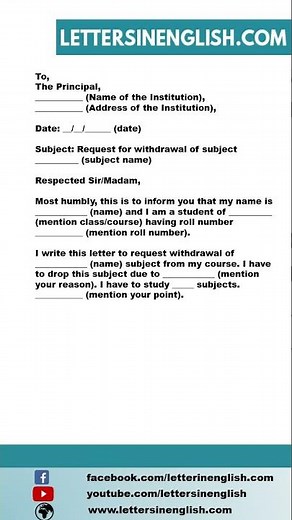 Request Letter for Withdrawal of Subject | Letter to Principal for Withdrawing a Subject