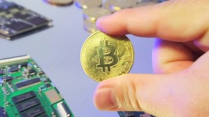 Gold Bitcoin coin in male arm on mirror table background next to microcircuits close up. Bitcoin mining concept. Cryptocurrency gpu farms equipment.
