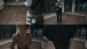 Split screen of gen Z Caucasian male zoomers in urbanwear recording breakdance performance with top rock and down rock moves on camera, training in empty dance hall indoors