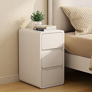KASLANDI Narrow Nightstand - Narrow Bedside Table with Drawers, Small Nightstand with Leather Surface for Bedroom, White