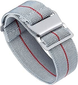 BINLUN Watch Band Nylon Waterproof Military Fbric Elastic Replacement Watch Strap Hook-and-Loop Men Women Silver Buckle (Grey-red,20mm)