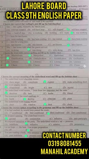 9th class English Solved Mcqs Lahore board Group 1 Paper 9th class English paper 2026