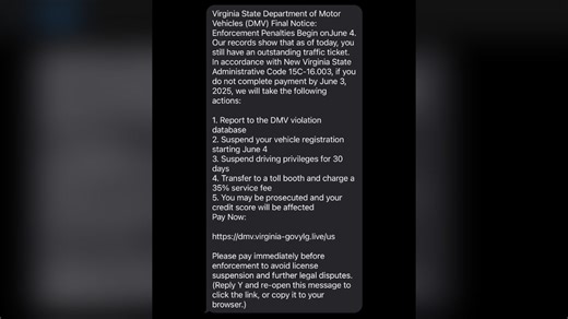 Virginia DMV warns customers about recent traffic ticket scam texts