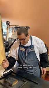 October 10th is World Sight Day! It is a day to raise awareness for blindness and vision impairment. Having the resources to afford eyeglasses or having access to an optician is actually quite new, considering eyeglasses (in some form) have been around since the 1300s. Eyeglasses can not only correct vision but also provide protection as well. For today, Jared letterpress printed a halftone from the Brett from Pennsylvania Collection. This halftone depicts a 1950s workplace safety reminder. That