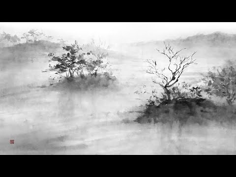 How to draw a Landscape painting " Morning foggy pond ". Sumi-e ink wash painting watercolor