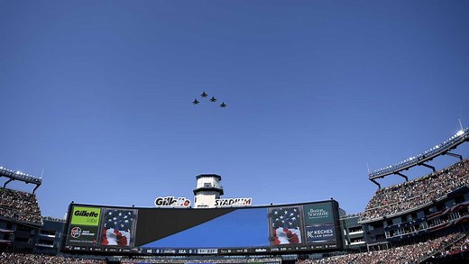 Military jets fly in formation over Massachusetts as part of Patriots game at Gillette Stadium