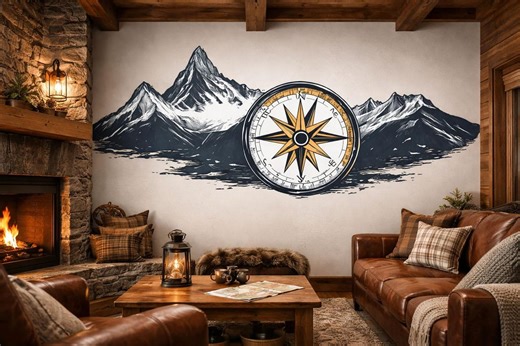 Compass Mountain Wallpaper Rustic Wall Decal Cabin Wall Mural Peel and Stick Wallpaper Living Room Lodge Decor Adventure Nature Wall Art - Etsy