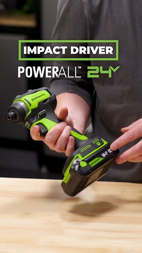 POWERALL 24V Impact Driver gets the job done 👊 1/4" quick-release hex collet, variable-speed trigger, 1,950 in-lbs of torque, and 3,400 RPM to handle any job thrown your way. More torque ✅ Brushless motor ✅ Long-lasting performance ✅ | Greenworks