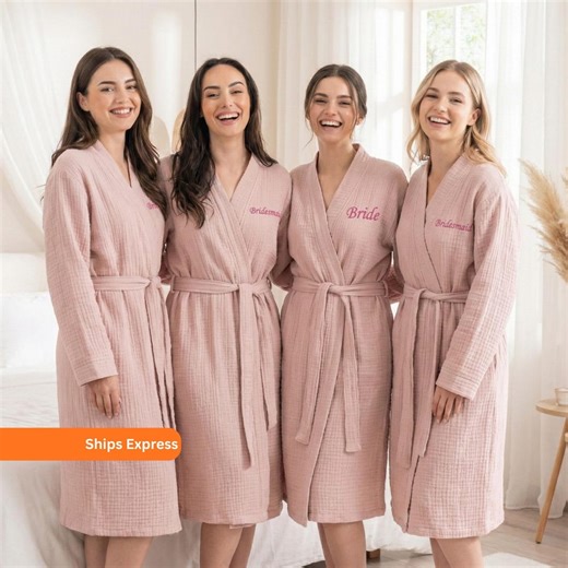 Bridesmaid Proposal Cotton Robe, Personalized Pink Muslin Bridesmaid Robes, Getting Ready Robe, Long Bridal Dressing Gown, Gauze Robe - Etsy