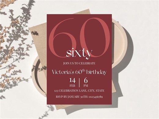 60th Birthday Invitation Burgundy, Elegant Party Invite, Milestone Birthday, Editable Canva Template - Etsy