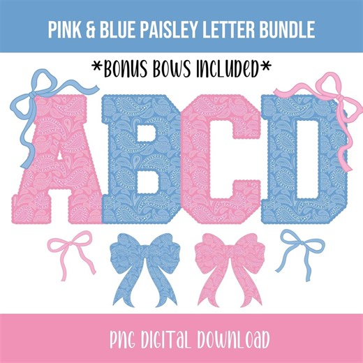 Pink and Blue Alphabet Bundle, Paisley Pattern All Caps Varsity Letters With Scalloped Edges and Bonus Bows Included - Etsy