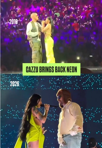 🤩 Cazzu’s color choice tonight at Bad Bunny’s show in Argentina might be a nod to her neon look from their 2018 performance. We love a full-circle detail 👏🏽