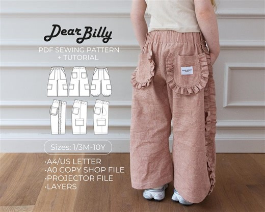 Trendy Kids Barrel Leg Pants PDF Sewing Pattern | Unisex Cargo Pants With Ruffles Option & Pockets | Digital Download 1/3M–10Y - Etsy