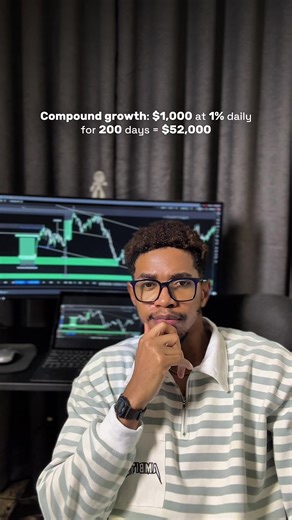 This example is theoretical, to show the power of compounding — not a promise of performance. You start trading with $1,000, and you grow it by 1% every day for 200 days. Instead of using the full formula, let’s break it down step by step using an example of compounding: ⸻ Day-by-Day Simplified scenario: \t•\tDay 1: $1,000 \t•\tDay 2: $1,000 1% of $1,000 = $1,010 \t•\tDay 3: $1,010 1% of $1,010 = $1,020.10 \t•\tDay 4: $1,020.10 1% = $1,030.30 \t•\t…You keep doing this for 200 days, always adding