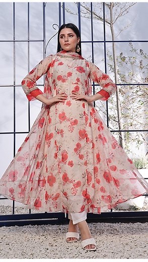 2.4K views | Ruby red amaryllis. Presenting “Ruby red amaryllis” – a spellbinding dress in a rich, enchanting Pink Floral Tone. The chiffon maxi is adorned with a meticulously lace neck, creating a dazzling design. Paired with crepe bottoms, the ensemble is completed with a Chiffon dupatta. “Ruby red amaryllis” is a masterpiece of elegance and sophistication. Frock Fabric: Chiffon. Dupatta Fabric: Chiffon. #Nazmina #Iwearnazmina #Eid #Summers | Nazmina | Facebook