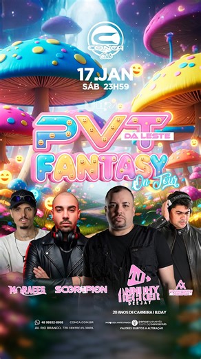 Conca Club on Instagram: "PVT DA LESTE – FANTASY – ON TOUR ✨ 📆 17/01 Prepare-se para viver uma noite fora da realidade. O selo PVT DA LESTE – FANTASY chega diretamente de São Paulo para sua grande estreia na Conca Club, em uma parceria poderosa com a ULTRA EVENTOS. Uma experiência imersiva, onde música, fantasia e energia se encontram para criar uma atmosfera única, intensa e memorável. É mais do que uma festa. 🔥 LINE UP 🔥 Anderson Negão Scorpion Anndhy Becker (SP) 🎉 B-day + 20 anos de carre