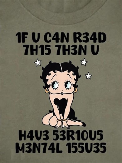 What if decoding the message proves you’re already a little dangerous? Under twinkling studio stars, she kneels in classic pose, curls bouncing, eyes wide with mischief—like a sly moment from Betty Boop. The words above her look scrambled, numbers tangled with letters, daring the audience to focus. Most glance once and shrug. But a few lean closer, decoding each symbol, piecing together the hidden sentence. Slowly, the meaning clicks into place, and a grin spreads across their faces. She winks k