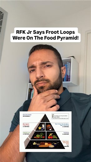 RFK Jr claims that Froot Loops were at the top of the old Food Pyramid. Can anyone tell me where the Froot Loops are on the pyramid, because I can’t see them… And even if we grant what he’s saying, and Froot Loops were at the top of the pyramid (they aren’t), that would mean we should LIMIT intake of Froot Loops. The foods closer to the base are the ones that are meant to be emphasized, and the foods at the top are the ones to minimize. It literally says “use sparingly.” Maybe this confusion is 