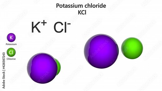 Potassium chloride (formula: KCl or ClK) is a metal salt composed of potassium and chloride. Chemical structure model: Ball and Stick + Space-Filling. 3D render. Seamless loop. White background.