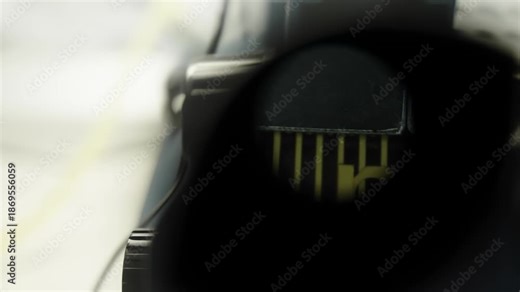 Macro inspection through a circular lens reveals shifting focus on circuit traces and connector pads, moving from a soft, obscured view to a clearer look at electronic patterns