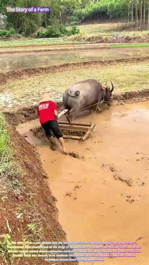 Watch a Farmer Guide a Water Buffalo Through Muddy Rice Paddies with a Traditional Rake! 🌾🐃