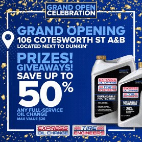 Our Grand Opening is here, and so are the savings! Right now, save up to 50% off any full-service oil change at Express Oil Change (max value $26). Visit us today and see why dependable people depend on Express Oil Change. | Express Oil Change & Tire Engineers