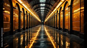 A long, narrow hallway with a lot of light shining down on it. The hallway is empty and the light is reflecting off the floor