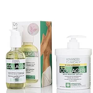 Advanced Clinicals Unscented Collagen Cream Face Moisturizer & Body Lotion + Collagen Body Oil Skincare 2pc Set For Women & Men Helps Reduce Appearance Of Crepey Skin, Wrinkles, & Dry Skin, 2PC Set