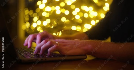 Man Typing on Laptop Keyboard in Dark Room with Warm Glow Bokeh in Background
