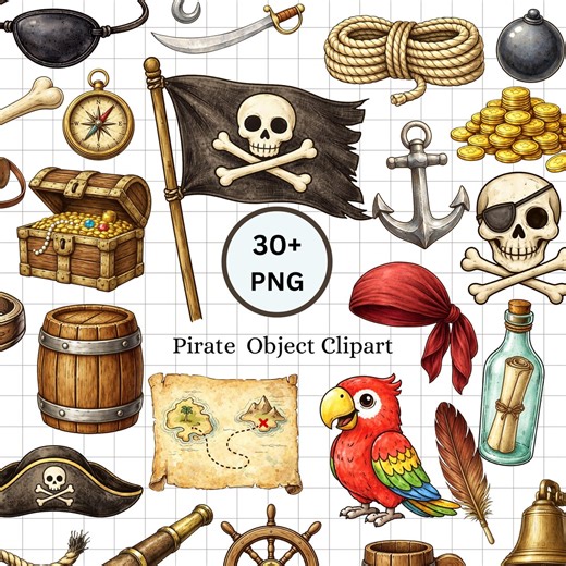 Pirate Clipart Bundle, Treasure Map, Skull, Anchor, Parrot PNG Graphics - Etsy