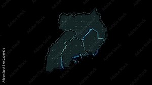 The map of Uganda is divided into its four regions, with each region outlined in blue and filled with white dots