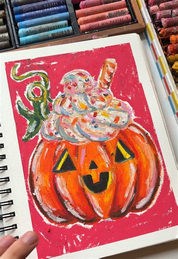how to draw an oil pastel pumpkin spice latte 🎃✨ #oilpastelart #halloweenart #Artprocess #arttutorial #sketchbookart