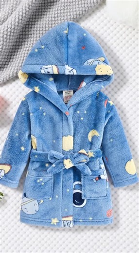 Hooded Robe with Cartoon Pattern, Long Sleeve Belted Bathrobe for Boys 6-8 Years, Soft Flannel Pajamas for Spring & Fall, Cartoon Print Pajama