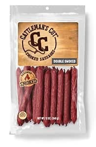 Cattleman's Cut Double Smoked Sausages Meat Sticks, Premium Protein Snacks, Keto Friendly, Gluten Free, Carnivore Travel Snack, Resealable Bag, 12 Ounce