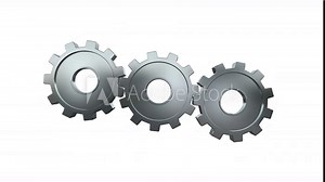 Mechanism of rotating three gears, 3d rendering of silver wheels with cogs isolated on white background with alpha channel. Clockwork machinery in motion. System of metallic cogwheel spinning together Stock Video